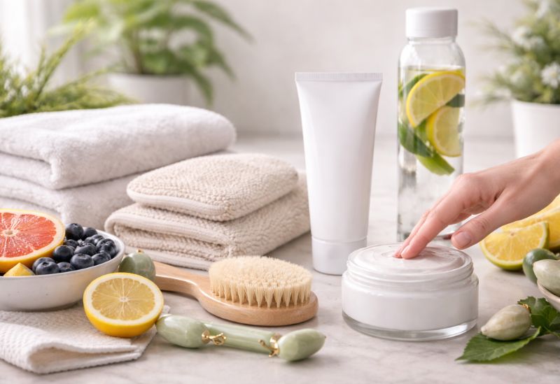 Routine beauté à domicile pour améliorer l’apparence de la cellulite et lisser la texture de la peau.