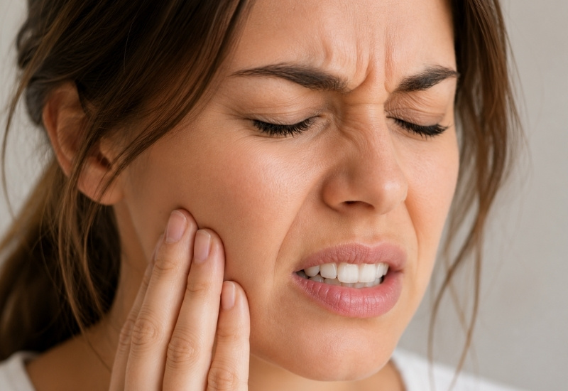Femme se tenant la mâchoire en raison de douleurs liées au bruxisme ou au serrement des dents.